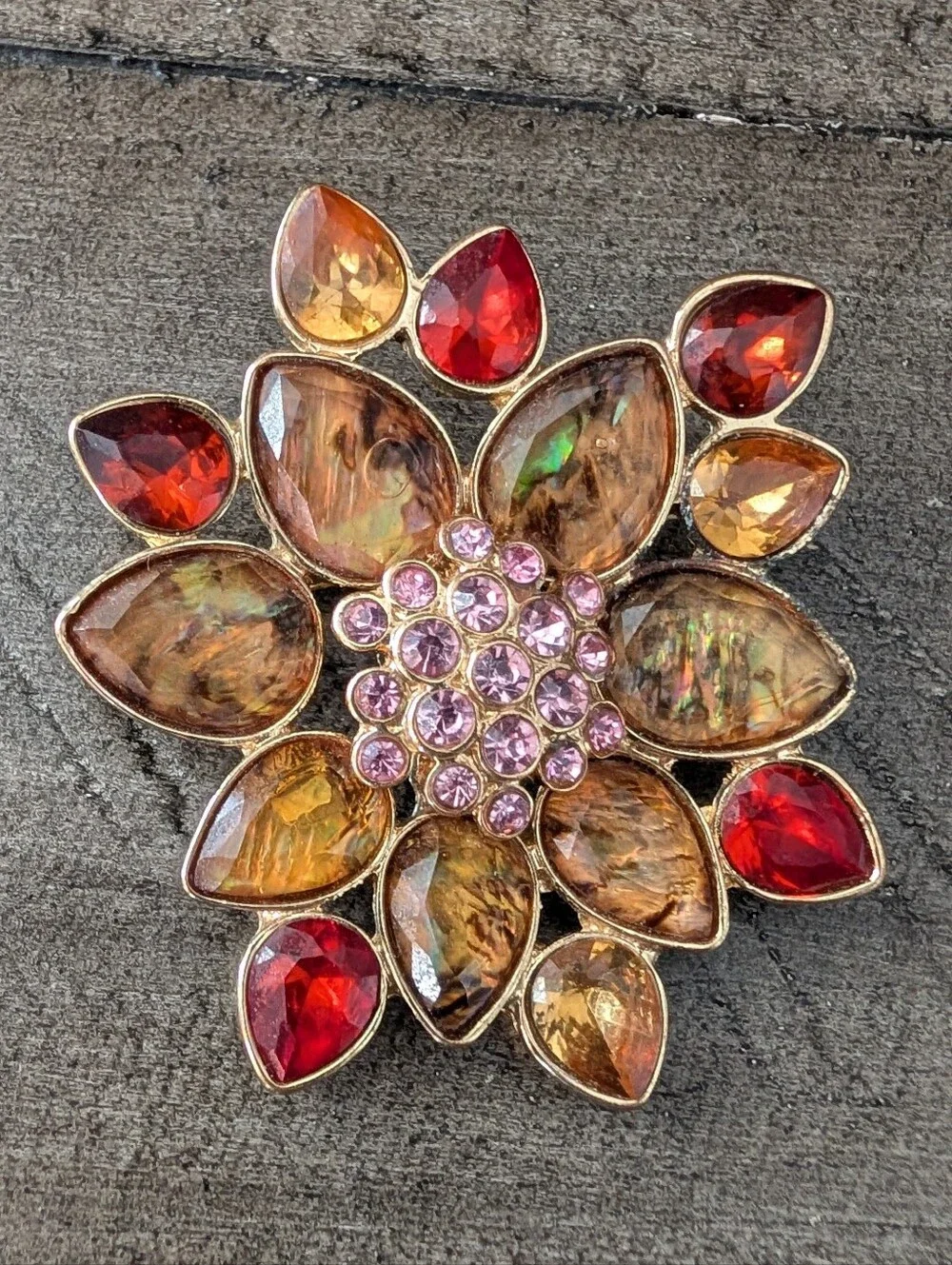 Vintage Floral Brooch with Amber, Red and Pink Stones
